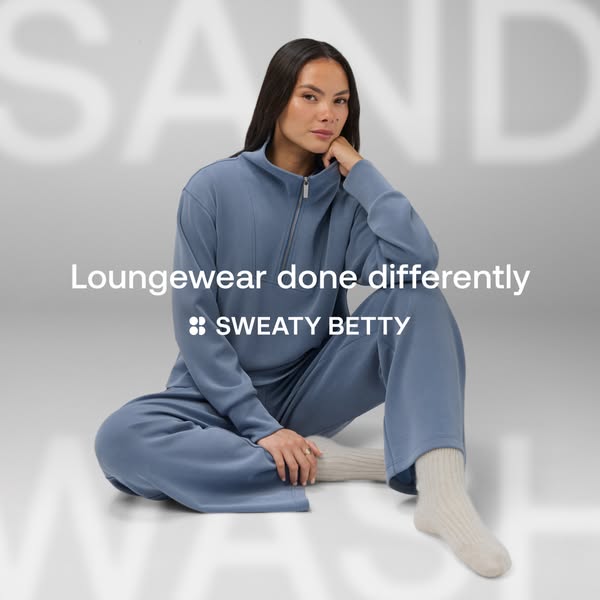 This Meta ad showcases loungewear by Sweaty Betty. The ad features an individual wearing a matching set and encourages u