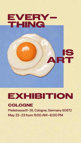 This image ad promotes an art exhibition in Cologne, Germany, featuring a stylized image of a fried egg.