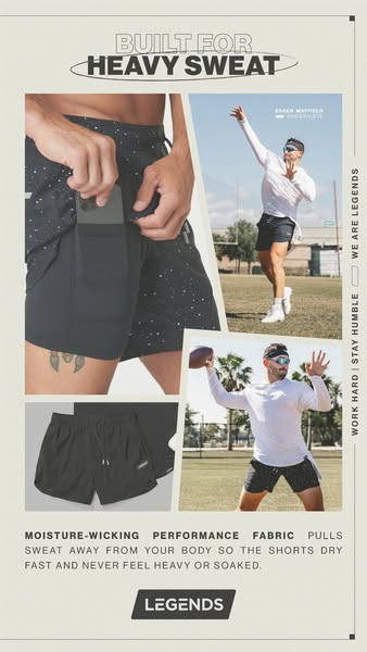 A Legends image ad showcases their moisture-wicking performance fabric shorts, highlighting the brand's dedication t