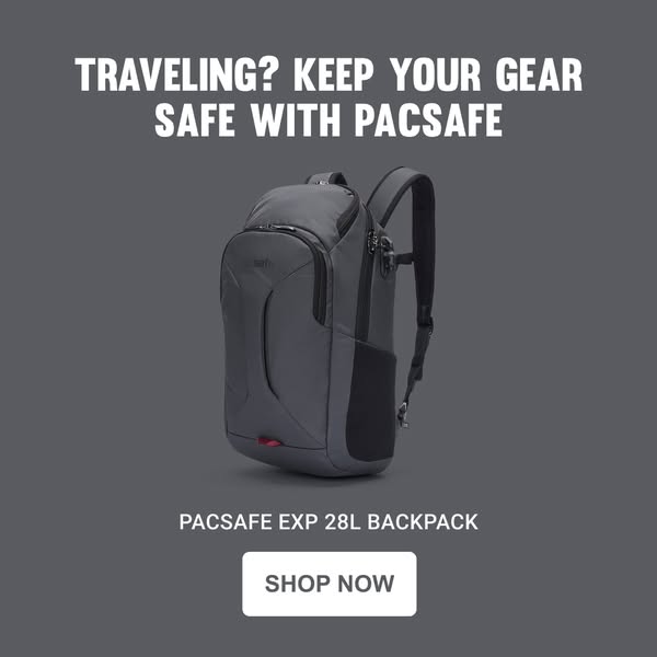 This ad features the Pacsafe EXP 28L Backpack against a solid gray background, emphasizing its security features for tra