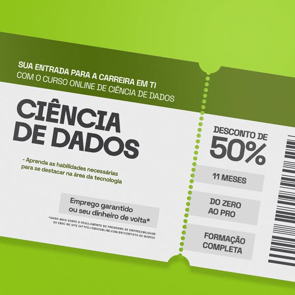 The ad promotes a data science course and features a stylized version of a coupon to highlight a 50% discount and other 