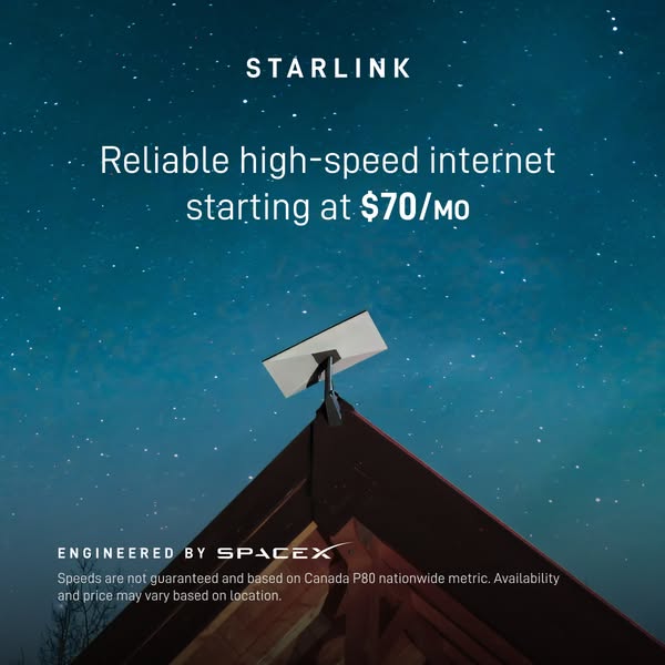 The image ad for Starlink promotes reliable high-speed internet, starting at $70/mo.