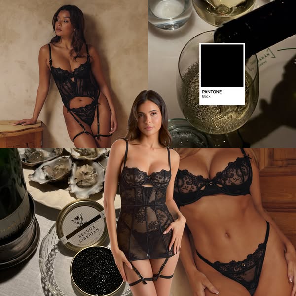 This ad features an elegant montage of images showcasing the brand’s black lingerie designs. The layout includes a centr