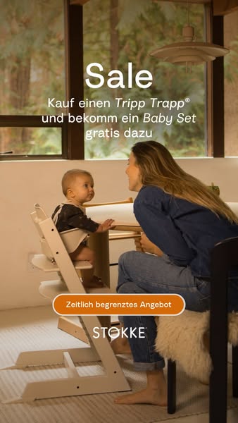 This ad is promoting a sale on the Stokke Tripp Trapp high chair, as well as an offer to receive a free baby set with pu