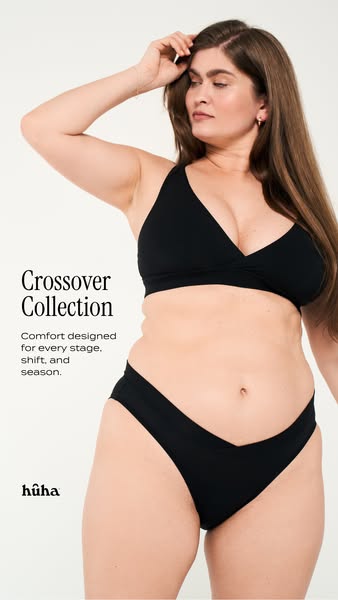 A lifestyle image promoting the Crossover Collection by hūha, a brand focused on comfort and inclusivity in intimate app