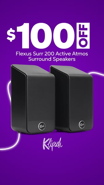 This ad promotes the Klipsch Flexus Surr 200 Active Atmos Surround Speakers with a discount of $100 off. The visual focu