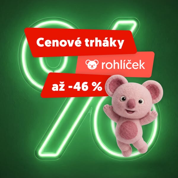 This image ad for Rohlik.cz uses a pink Koala mascot and a neon percentage sign to advertise discounts of up to 46%.