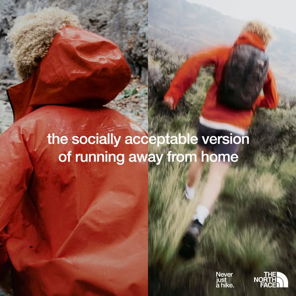 This image ad for The North Face features an orange rain jacket and positions the brand as one that enables consumers to