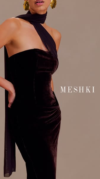 This ad showcases a Meshki velvet dress. The ad focuses on the dress's design and material.