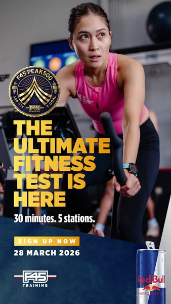 An ad for F45 Peak 500 shows a woman in workout gear on a stationary bike, with callouts for the event, date, and Red Bu