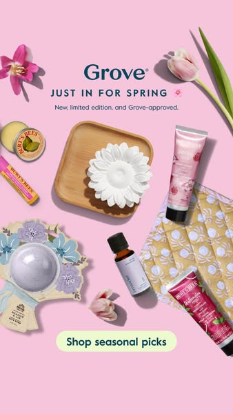 A flatlay showcasing an assortment of Grove Collaborative and Burt's Bees products, emphasizing a springtime theme w