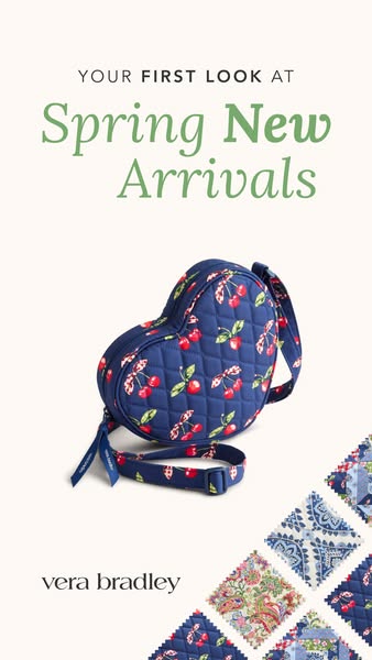 This Vera Bradley image ad showcases a heart-shaped crossbody bag, emphasizing its spring new arrival status. The layout