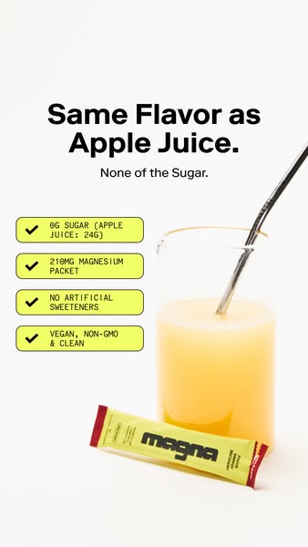 Ad for Magna magnesium supplement. The ad highlights that Magna has the same flavor as apple juice without the sugar.