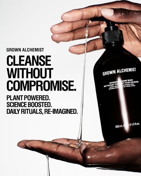 This Grown Alchemist image ad features a close-up shot of hands using the Invigorating Hand Wash. The focus is on convey