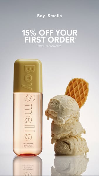 This ad for Boy Smells features their Cream Dream Body Mist alongside an offer for 15% off the viewer's first order.