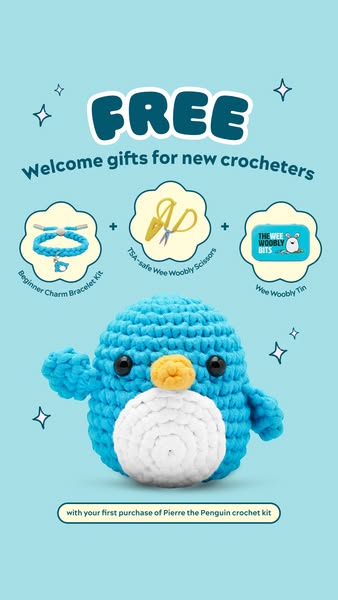 This ad promotes Pierre the Penguin crochet kit by highlighting a free gift with the purchase of the kit. The free gifts