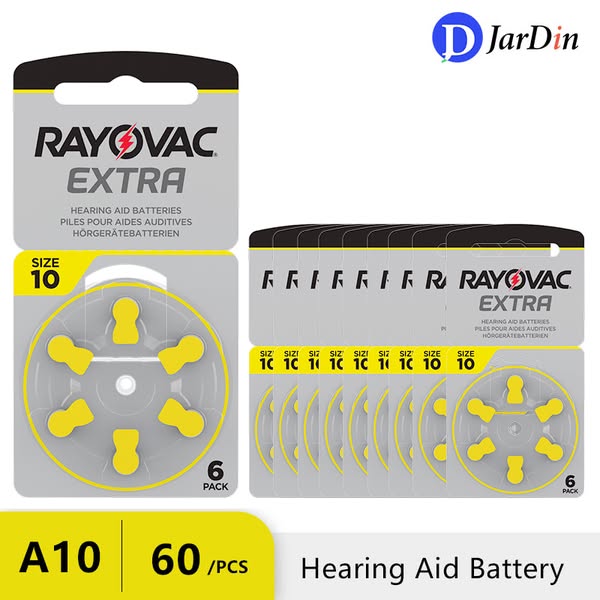 This ad showcases Rayovac Extra hearing aid batteries, emphasizing the quantity and the convenience of purchasing in bul