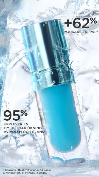 This image ad for a lip product highlights the product against a background of ice. The ad focuses on the claims that th