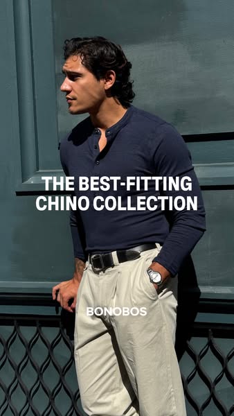 This ad promotes Bonobo's chino pants, highlighting their fit and style, with a focus on a modern, sophisticated loo