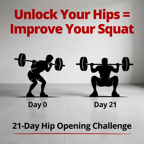 This image ad highlights the benefits of a 21-day hip opening challenge for improving squat form. It shows a silhouette 