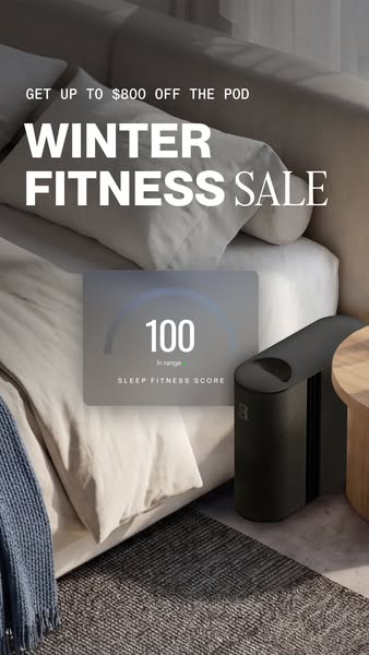 This ad promotes the Eight Sleep Pod, highlighting its fitness tracking capabilities during a Winter Fitness Sale.