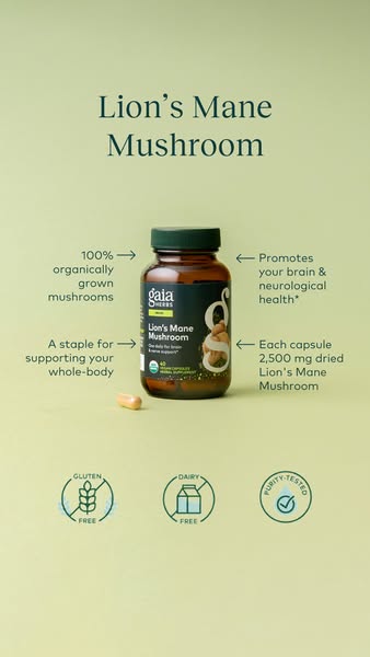 This ad showcases Gaia Herbs Lion's Mane Mushroom supplement, highlighting its benefits for brain and neurological h