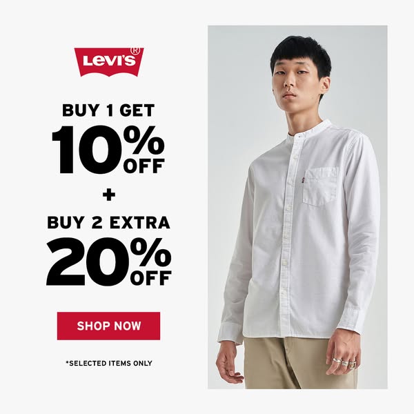 A product ad for Levi's, showcasing a promotion that offers a discount of 10% on one item and 20% on two items.