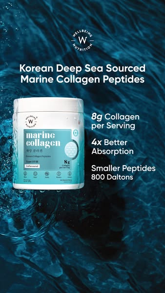 An image ad promoting Wellbeing Nutrition's Marine Collagen Peptides sourced from the Korean Deep Sea. The ad highli