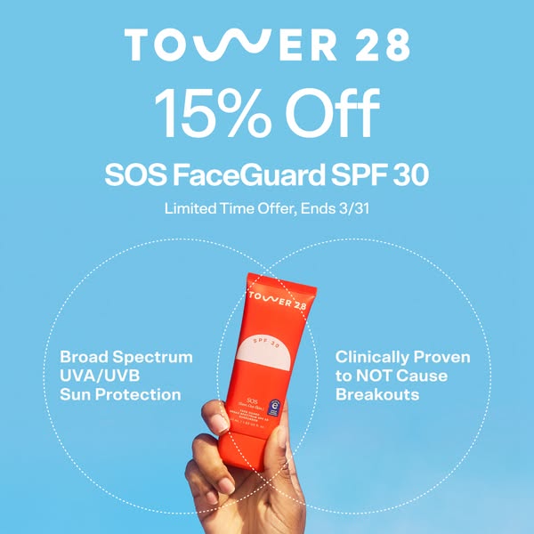 This ad for Tower 28's SOS FaceGuard SPF 30 uses a light blue background and simple text to highlight the product