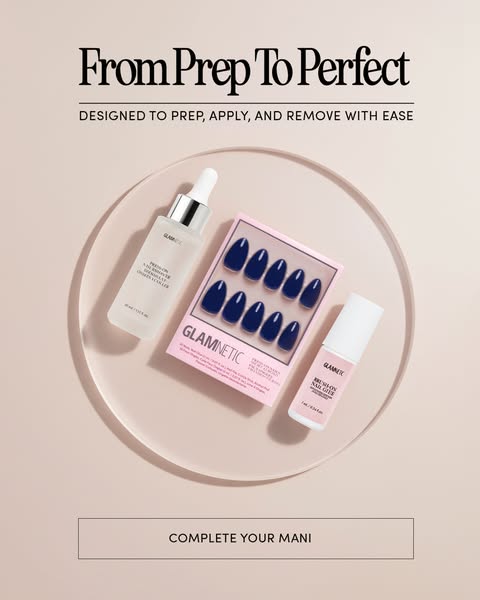 This ad showcases Glamnetic's press-on nails, nail glue, and nail prep solution, emphasizing the ease of achieving a