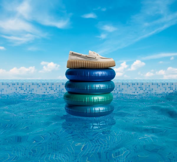 This image features a boat shoe balanced on a stack of inner tubes in a pool setting. The goal is to present the shoe in
