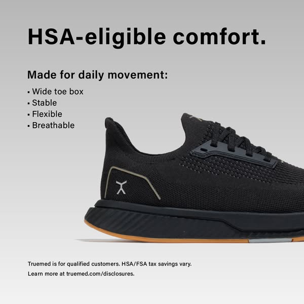 This ad for Truemed shoes highlights the comfort of the shoe and its HSA eligibility.