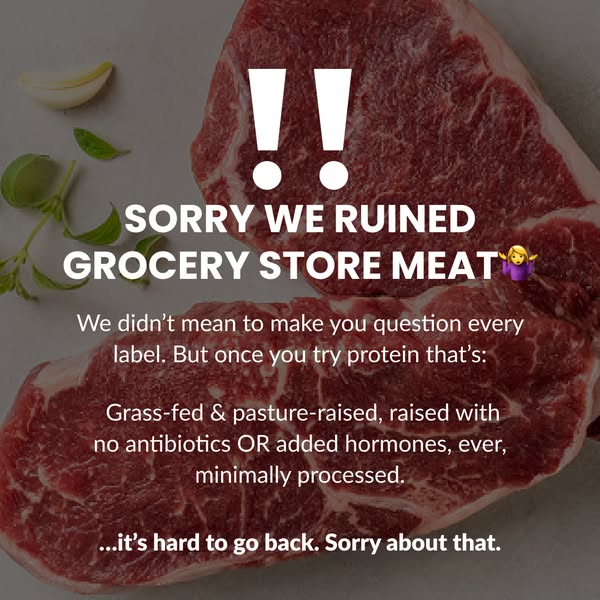 This image ad features uncooked meat and text that apologizes for 'ruining' grocery store meat by offering a hig