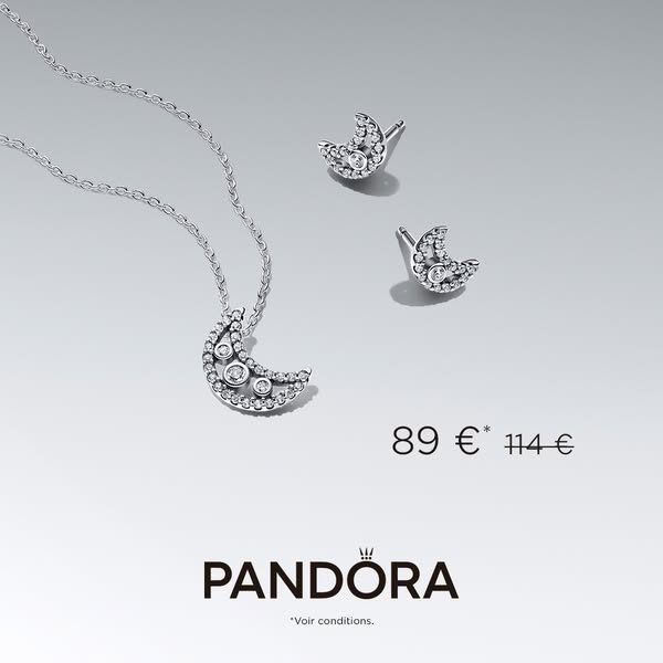 This ad showcases a Pandora necklace and earring set. The ad highlights the jewelry's design and current price.