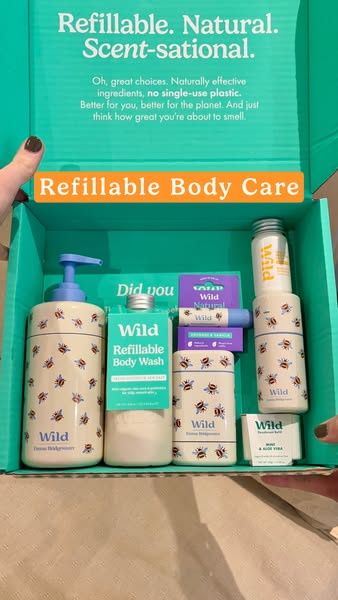 A photograph showcasing a variety of refillable body care products inside of a container.