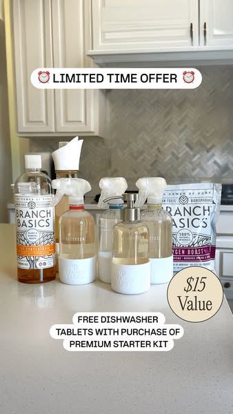 This ad promotes Branch Basics cleaning products and features a limited time offer for free dishwasher tablets with the 