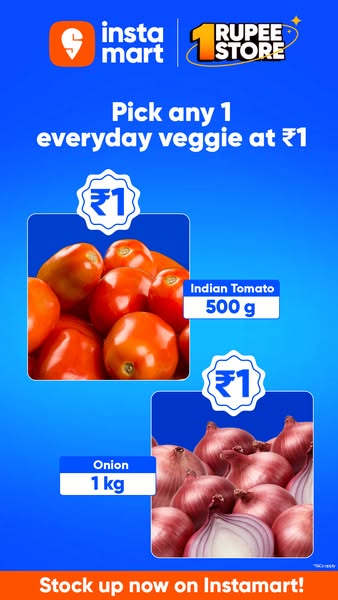 The ad features an image promoting Instamart's offer to pick any one everyday veggie at ₹1. It showcases images of t