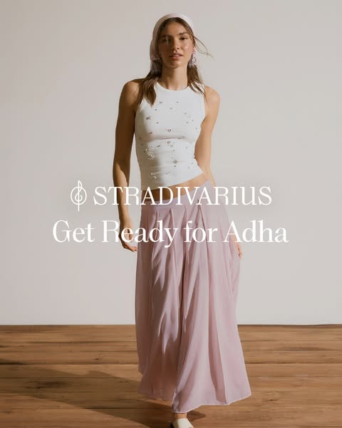 An image ad featuring a model in a Stradivarius outfit, advertising the brand in preparation for Adha.