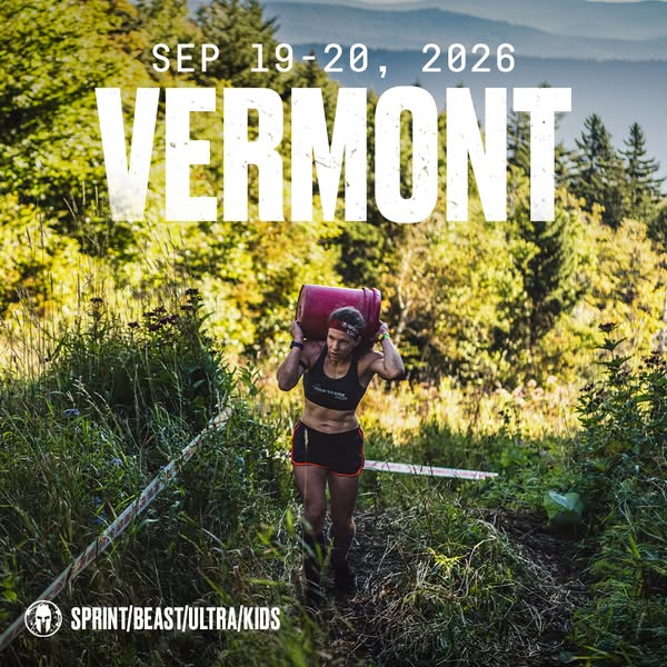 This image promotes the Spartan Sprint/Beast/Ultra/Kids race in Vermont, September 19-20, 2026. The image features a wom