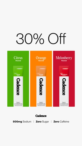 This ad features three individual serving sticks of Cadence electrolyte formula in Citrus, Orange and Melonberry flavors