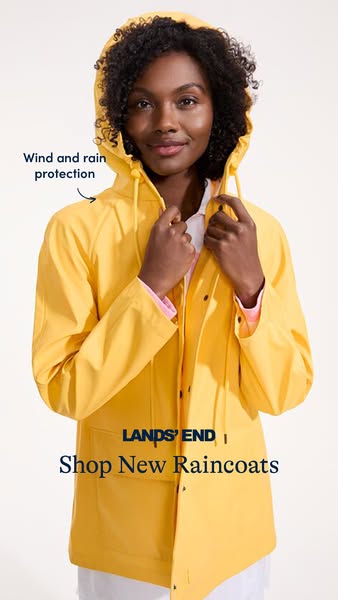 This ad is for Lands' End raincoats and features a woman wearing a yellow raincoat. The ad highlights the product