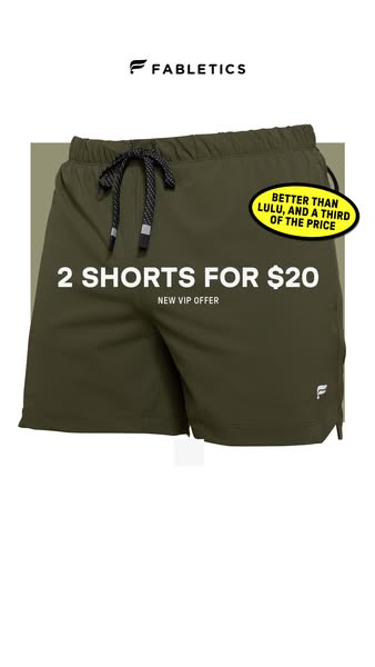 This ad for Fabletics men's athletic shorts promotes a VIP offer of 2 pairs of shorts for $20. A yellow badge highli