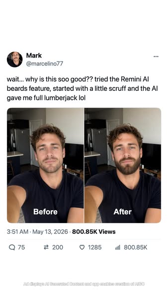 This ad is for the Remini AI beards feature. It features a screenshot of a tweet from a user who tried the feature. The 