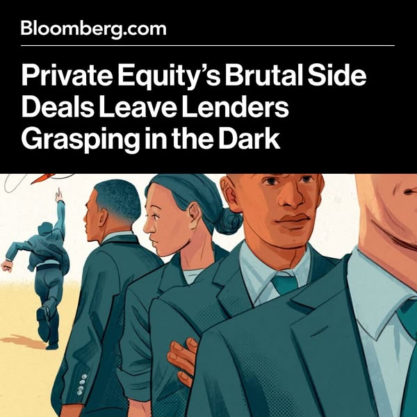 This ad promotes a Bloomberg.com article about the struggles of lenders due to private equity deals. The visual shows bu
