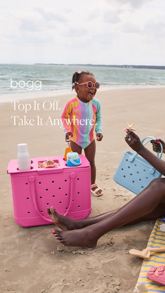 This ad showcases a variety of Bogg Bag products at the beach with a family, highlighting the bags' versatility and 