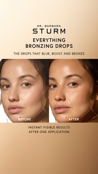 This image ad showcases the results of using Dr. Barbara Sturm's Everything Bronzing Drops. A before-and-after split