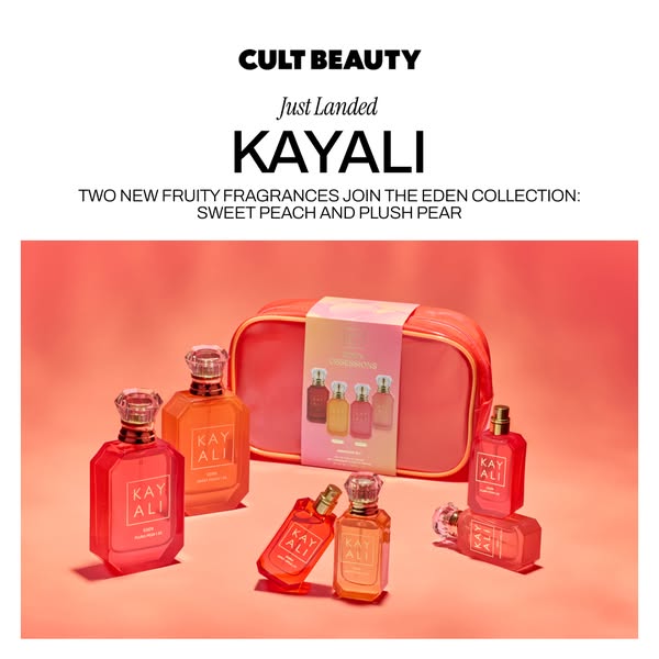 This ad showcases the new KAYALI fruity fragrances, Sweet Peach and Plush Pear, which have joined the Eden Collection. T