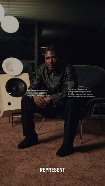 A man is shown wearing clothes from the new REPRESENT collection. The image includes descriptive text of the collection.