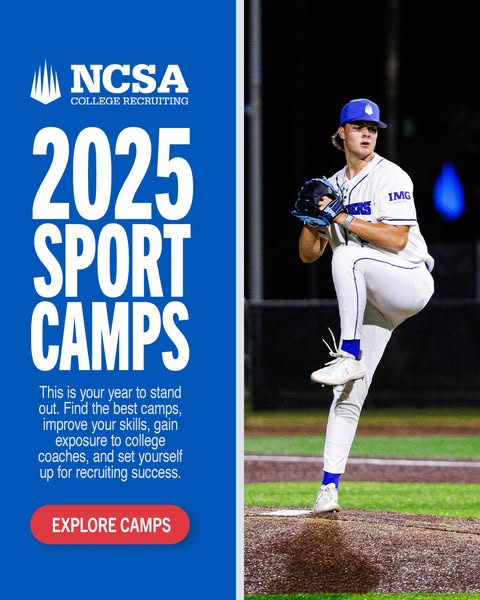 This image ad is for NCSA College Recruiting and promotes their 2025 Sport Camps. The ad features a baseball player and 