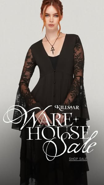 This image promotes a Warehouse Sale from the brand Killstar. It features a model wearing Killstar apparel.